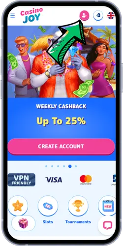 Casino Joy home page with weekly cashback banner