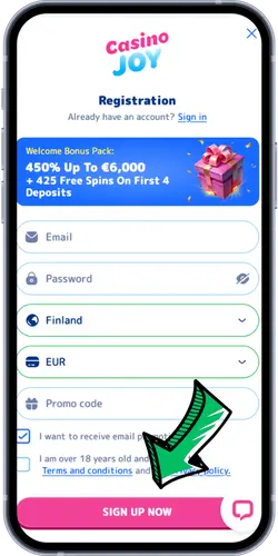 Casino Joy registration form with welcome bonus
