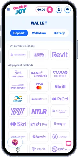 Casino Joy wallet deposit page with payment methods